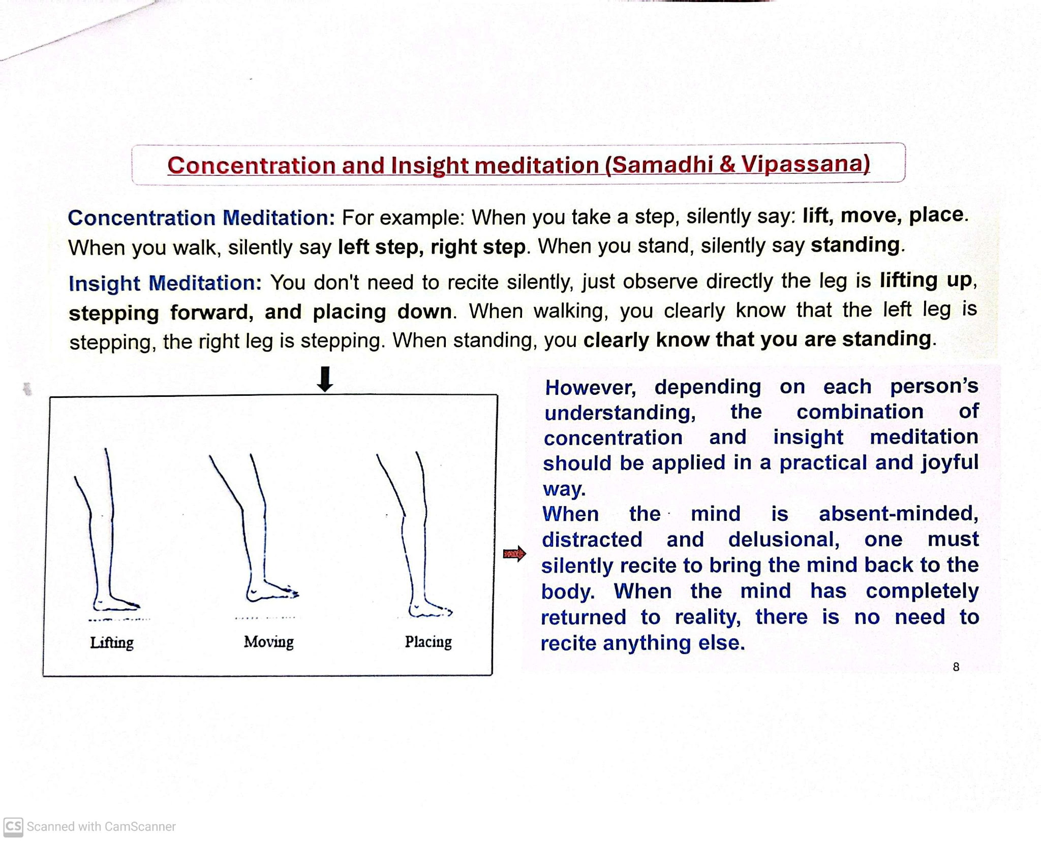 Concentration and Insight meditation handout page